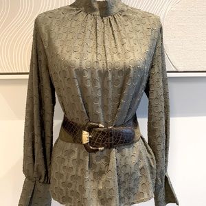 H&M olive green jacquard blouse high neck